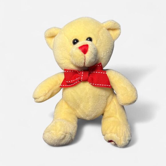 Small Cream Teddy Bear with Red Bow and Heart Embroidered Foot - Picture 1 of 6